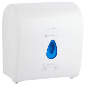 MERIDA TOP mechaniczny podajnik ręczników papierowych w rolach AUTOMATIC MAXI, biały połysk, okienko niebieskie