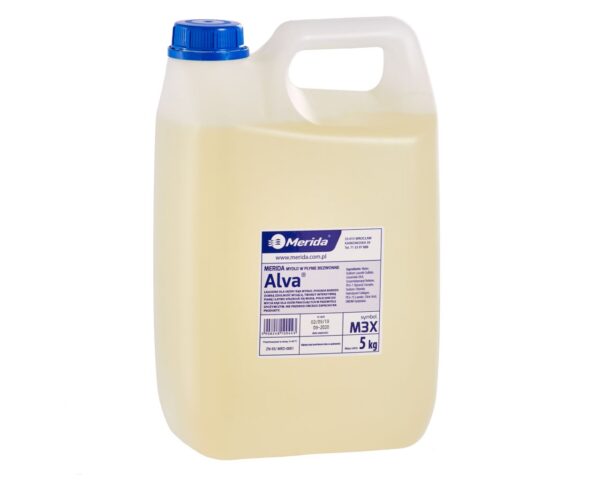 Specjalistyczne mydło w płynie dla przemysłu spożywczego MERIDA ALVA BEZWONNE słomkowe, kanister 5 kg, bez zapachu Specjalistyczne mydło w płynie dla przemysłu spożywczego MERIDA ALVA BEZWONNE słomkowe, kanister 5 kg, bez zapachu