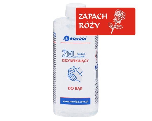 Żel dezynfekujący o zapachu róży MERIDA do higienicznej dezynfekcji rąk butelka 500 ml Żel dezynfekujący o zapachu róży MERIDA do higienicznej dezynfekcji rąk butelka 500 ml