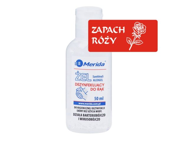 Żel dezynfekujący o zapachu róży MERIDA do higienicznej dezynfekcji rąk butelka 50 ml Żel dezynfekujący o zapachu róży MERIDA do higienicznej dezynfekcji rąk butelka 50 ml