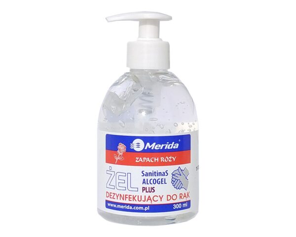Żel dezynfekujący o zapachu róży MERIDA do higienicznej dezynfekcji rąk butelka 300 ml z pompką Żel dezynfekujący o zapachu róży MERIDA do higienicznej dezynfekcji rąk butelka 300 ml z pompką