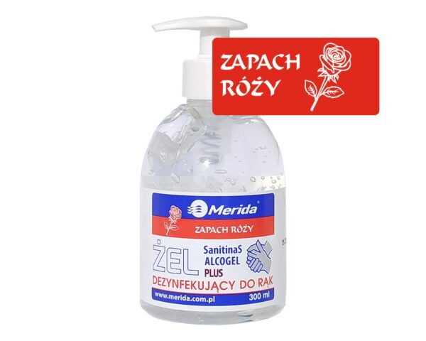 Żel dezynfekujący o zapachu róży MERIDA do higienicznej dezynfekcji rąk butelka 300 ml z pompką Żel dezynfekujący o zapachu róży MERIDA do higienicznej dezynfekcji rąk butelka 300 ml z pompką