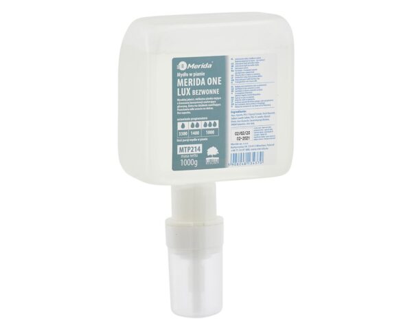 Mydło w pianie MERIDA ONE LUX BEZWONNE, jednorazowy wkład z pompką spieniającą do dozowników automatycznych, 1000 g, bez zapachu Mydło w pianie MERIDA ONE LUX BEZWONNE, jednorazowy wkład z pompką spieniającą do dozowników automatycznych, 1000 g, bez zapachu