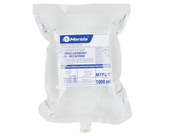 Mydło w pianie MERIDA HARMONY LUX BEZWONNE, jednorazowy wkład 1000 ml, bez zapachu Mydło w pianie MERIDA HARMONY LUX BEZWONNE, jednorazowy wkład 1000 ml, bez zapachu