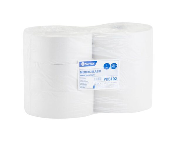 Papier toaletowy MERIDA KLASIK, BIAŁY średnica 23 cm, długość 340 m, jednowarstwowy, zgrzewka 6 szt. Papier toaletowy MERIDA KLASIK, BIAŁY średnica 23 cm, długość 340 m, jednowarstwowy, zgrzewka 6 szt.