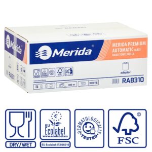 Ręczniki papierowe w roli z adaptorem MERIDA PREMIUM AUTOMATIC MAXI, białe, trzywarstwowe, długość 100 m, karton 6 rolek