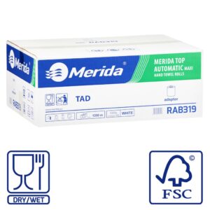 Ręczniki papierowe w roli z adaptorem MERIDA TOP TAD AUTOMATIC MAXI, białe, jednowarstwowe, długość 200 m, karton 6 rolek