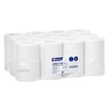 Ręczniki papierowe w roli MERIDA KLASIK MINI, białe, jednowarstwowe, długość 116 m, opakowanie 12 rolek