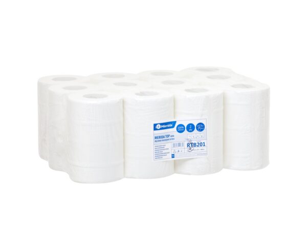 Ręczniki papierowe w roli MERIDA TOP MINI, białe, dwuwarstwowe, długość 70 m, opakowanie 12 rolek Ręczniki papierowe w roli MERIDA TOP MINI, białe, dwuwarstwowe, długość 70 m, opakowanie 12 rolek