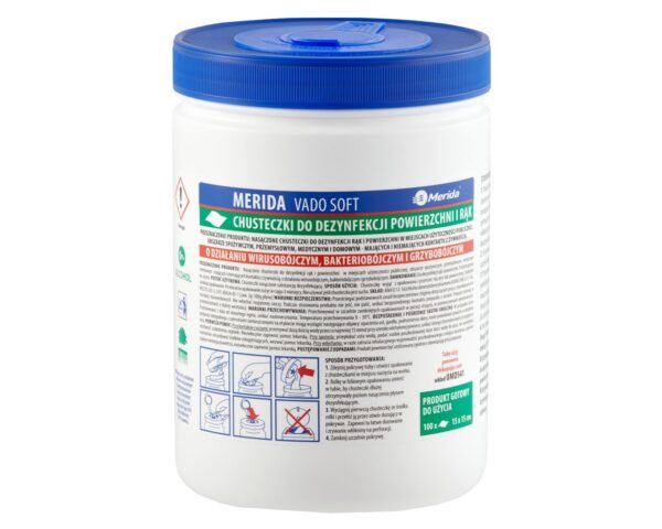 Chusteczki nasączone do dezynfekcji powierzchni rąk MERIDA VADO SOFT, 15 m, 100 listków Chusteczki nasączone do dezynfekcji powierzchni rąk MERIDA VADO SOFT, 15 m, 100 listków