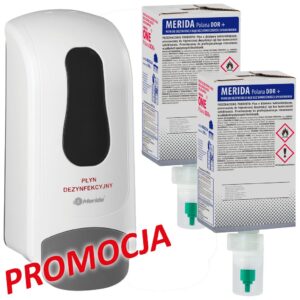 Dozownik płynu dezynfekcyjnego MERIDA ONE biały i dwa wkłady płynu dezynfekującego