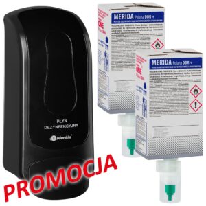 Dozownik płynu dezynfekcyjnego MERIDA ONE czarny i dwa wkłady płynu dezynfekującego