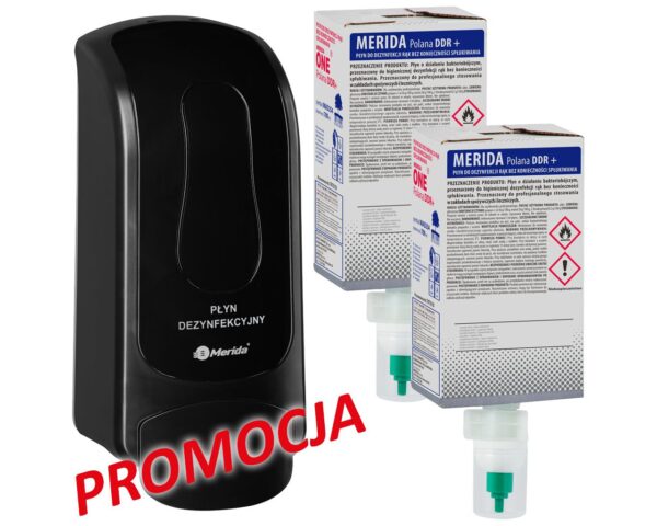 Dozownik płynu dezynfekcyjnego MERIDA ONE czarny i dwa wkłady płynu dezynfekującego Dozownik płynu dezynfekcyjnego MERIDA ONE czarny i dwa wkłady płynu dezynfekującego