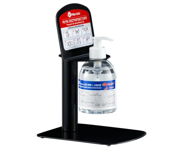 Stojak do dezynfekcji rąk blatowy MIKRO z płynem dezynfekcyjnym o zapachu róży MERIDA POLANA LUX DDR+ LIQUID Stojak do dezynfekcji rąk blatowy MIKRO z płynem dezynfekcyjnym o zapachu róży MERIDA POLANA LUX DDR+ LIQUID