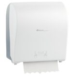 MERIDA SOLID CUT mechaniczny podajnik ręczników papierowych w rolach AUTOMATIC MAXI, front pełen biały - mat, tył transparentny jasny - mat