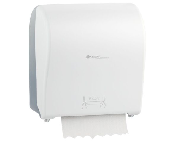 MERIDA SOLID CUT mechaniczny podajnik ręczników papierowych w rolach AUTOMATIC MAXI, front pełen biały - mat, tył transparentny jasny - mat MERIDA SOLID CUT mechaniczny podajnik ręczników papierowych w rolach AUTOMATIC MAXI, front pełen biały - mat, tył transparentny jasny - mat