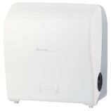 MERIDA SOLID CUT mechaniczny podajnik ręczników papierowych w rolach AUTOMATIC MAXI, front pełen biały - mat, tył transparentny jasny - mat