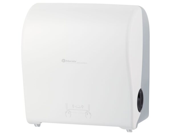 MERIDA SOLID CUT mechaniczny podajnik ręczników papierowych w rolach AUTOMATIC MAXI, front pełen biały - mat, tył transparentny jasny - mat MERIDA SOLID CUT mechaniczny podajnik ręczników papierowych w rolach AUTOMATIC MAXI, front pełen biały - mat, tył transparentny jasny - mat