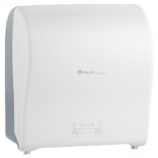MERIDA SOLID CUT mechaniczny podajnik ręczników papierowych w rolach AUTOMATIC MAXI, front pełen biały - mat, tył transparentny jasny - mat