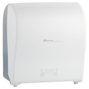 MERIDA SOLID CUT mechaniczny podajnik ręczników papierowych w rolach AUTOMATIC MAXI, front pełen biały - mat, tył transparentny jasny - mat