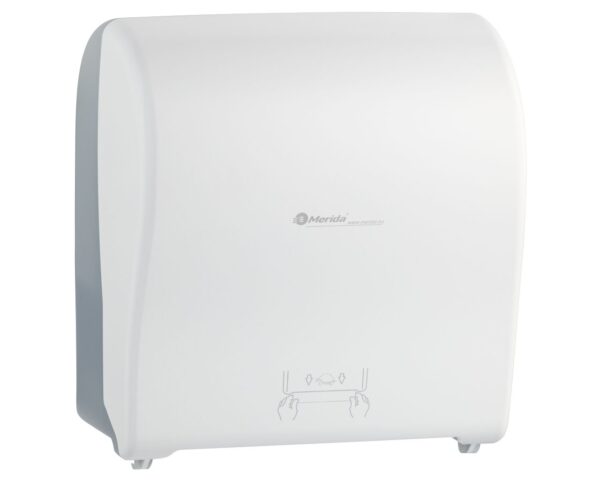 MERIDA SOLID CUT mechaniczny podajnik ręczników papierowych w rolach AUTOMATIC MAXI, front pełen biały - mat, tył transparentny jasny - mat MERIDA SOLID CUT mechaniczny podajnik ręczników papierowych w rolach AUTOMATIC MAXI, front pełen biały - mat, tył transparentny jasny - mat