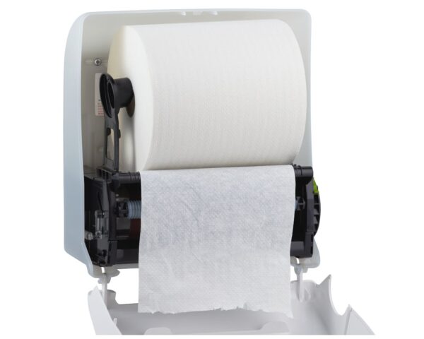 MERIDA SOLID CUT mechaniczny podajnik ręczników papierowych w rolach AUTOMATIC MAXI, front pełen biały - mat, tył transparentny jasny - mat MERIDA SOLID CUT mechaniczny podajnik ręczników papierowych w rolach AUTOMATIC MAXI, front pełen biały - mat, tył transparentny jasny - mat