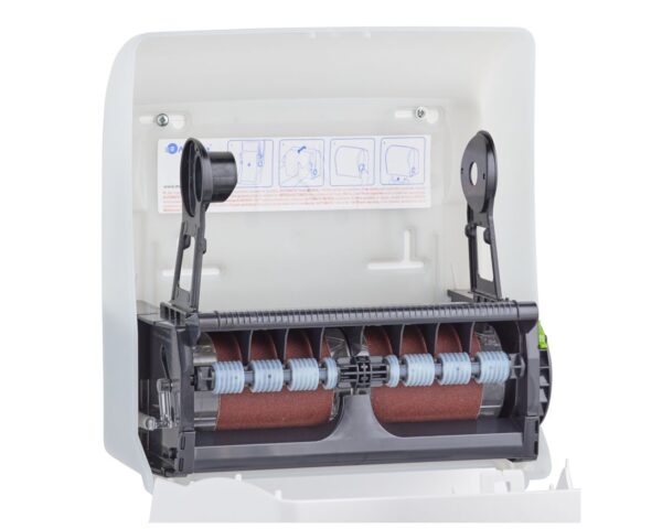 MERIDA SOLID CUT mechaniczny podajnik ręczników papierowych w rolach AUTOMATIC MAXI, front pełen biały - mat, tył transparentny jasny - mat MERIDA SOLID CUT mechaniczny podajnik ręczników papierowych w rolach AUTOMATIC MAXI, front pełen biały - mat, tył transparentny jasny - mat