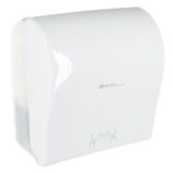 MERIDA SOLID CUT mechaniczny podajnik ręczników papierowych w rolach AUTOMATIC MAXI, front pełen biały - połysk, tył transparentny jasny - połysk