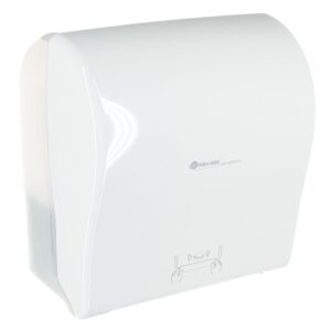 MERIDA SOLID CUT mechaniczny podajnik ręczników papierowych w rolach AUTOMATIC MAXI, front pełen biały - połysk, tył transparentny jasny - połysk