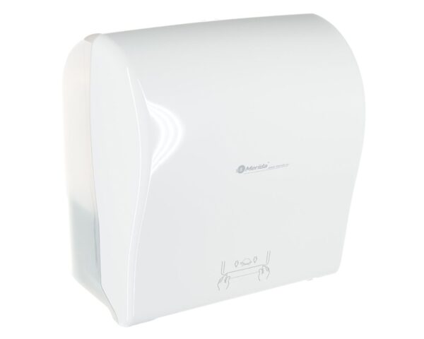 MERIDA SOLID CUT mechaniczny podajnik ręczników papierowych w rolach AUTOMATIC MAXI, front pełen biały - połysk, tył transparentny jasny - połysk MERIDA SOLID CUT mechaniczny podajnik ręczników papierowych w rolach AUTOMATIC MAXI, front pełen biały - połysk, tył transparentny jasny - połysk