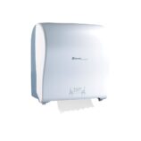 MERIDA SOLID CUT mechaniczny podajnik ręczników papierowych w rolach AUTOMATIC MAXI, front pełen biały - połysk, tył transparentny jasny - połysk