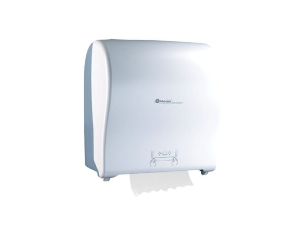 MERIDA SOLID CUT mechaniczny podajnik ręczników papierowych w rolach AUTOMATIC MAXI, front pełen biały - połysk, tył transparentny jasny - połysk MERIDA SOLID CUT mechaniczny podajnik ręczników papierowych w rolach AUTOMATIC MAXI, front pełen biały - połysk, tył transparentny jasny - połysk