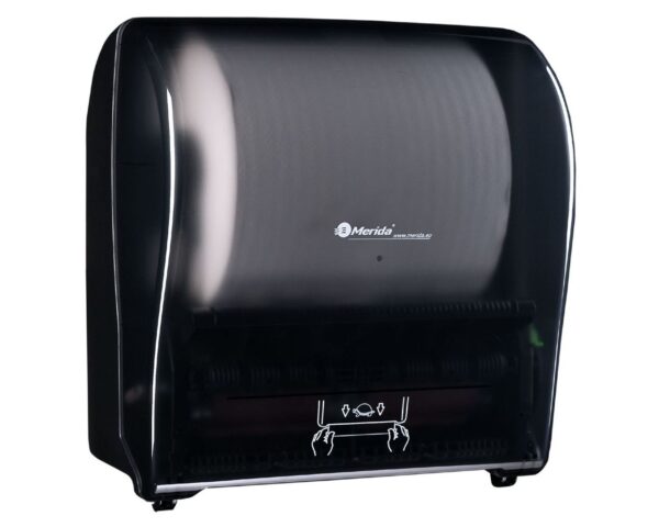 MERIDA SOLID CUT mechaniczny podajnik ręczników papierowych w rolach AUTOMATIC MAXI, front transparentny ciemny - połysk, tył pełen ciemny - połysk MERIDA SOLID CUT mechaniczny podajnik ręczników papierowych w rolach AUTOMATIC MAXI, front transparentny ciemny - połysk, tył pełen ciemny - połysk