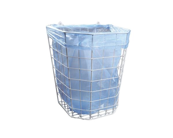 Kosz siatkowy wiszący o pojemności 22 l, wykonany z prętów powlekanych białym polietylenem Kosz siatkowy wiszący o pojemności 22 l, wykonany z prętów powlekanych białym polietylenem