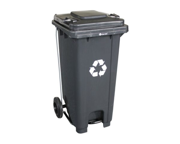 Kosz na odpady SZARY, na kółkach, otwierany przyciskiem pedałowym 120 l, bez pokrywy Kosz na odpady SZARY, na kółkach, otwierany przyciskiem pedałowym 120 l, bez pokrywy