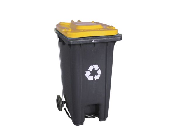 Kosz na odpady SZARY, na kółkach, otwierany przyciskiem pedałowym 240 l, bez pokrywy Kosz na odpady SZARY, na kółkach, otwierany przyciskiem pedałowym 240 l, bez pokrywy