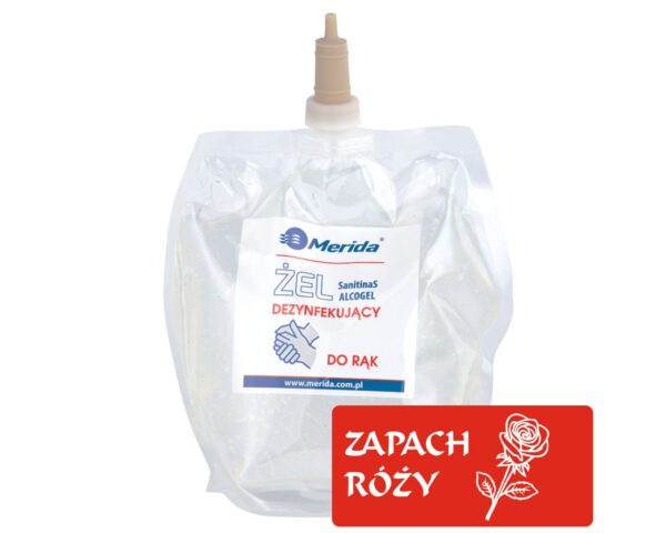 Żel dezynfekujący o zapachu róży MERIDA do higienicznej dezynfekcji rąk jednorazowy wkład 1000 ml Żel dezynfekujący o zapachu róży MERIDA do higienicznej dezynfekcji rąk jednorazowy wkład 1000 ml