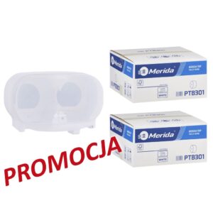 Pojemnik na dwie rolki papieru toaletowego bez gilzy MERIDA HARMONY za 25 zł netto przy zakupie 2 kartonów papiery toaletowego MERIDA TOP (36 x 85 m = 3060 m, 12 240 listków)