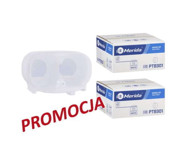 Pojemnik na dwie rolki papieru toaletowego bez gilzy MERIDA HARMONY za 25 zł netto przy zakupie 2 kartonów papiery toaletowego MERIDA TOP (36 x 85 m = 3060 m, 12 240 listków) Pojemnik na dwie rolki papieru toaletowego bez gilzy MERIDA HARMONY za 25 zł netto przy zakupie 2 kartonów papiery toaletowego MERIDA TOP (36 x 85 m = 3060 m, 12 240 listków)