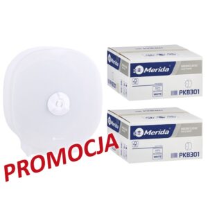 Pojemnik na cztery rolki papieru toaletowego bez gilzy MERIDA HARMONY za 75 zł netto przy zakupie 2 kartonów papiery toaletowego MERIDA CLASSIC (36 x 125 m = 4500 m, 18 000 listków)