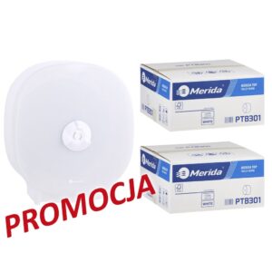 Pojemnik na cztery rolki papieru toaletowego bez gilzy MERIDA HARMONY za 75 zł netto przy zakupie 2 kartonów papiery toaletowego MERIDA TOP (36 x 85 m = 3060 m, 12 240 listków)