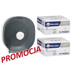 Pojemnik na cztery rolki papieru toaletowego bez gilzy MERIDA ONE biały za 75 zł netto przy zakupie 2 kartonów papiery toaletowego MERIDA CLASSIC (36 x 125 m = 4500 m, 18 000 listków)