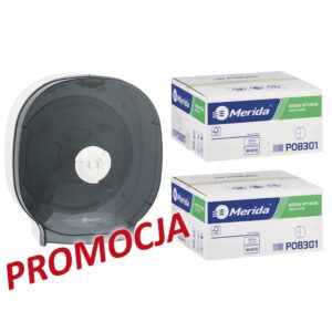 Pojemnik na cztery rolki papieru toaletowego bez gilzy MERIDA ONE biały za 75 zł netto przy zakupie 2 kartonów papiery toaletowego MERIDA OPTIMUM (36 x 85 m = 3060 m, 12 240 listków)