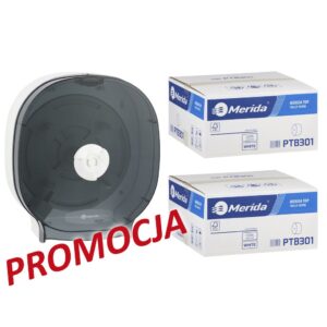 Pojemnik na cztery rolki papieru toaletowego bez gilzy MERIDA ONE biały za 75 zł netto przy zakupie 2 kartonów papiery toaletowego MERIDA TOP (36 x 85 m = 3060 m, 12 240 listków)