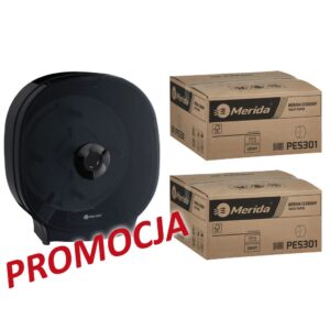 Pojemnik na cztery rolki papieru toaletowego bez gilzy MERIDA ONE czarny za 75 zł netto przy zakupie 2 kartonów papiery toaletowego MERIDA ECONOMY (36 x 125 m = 4500 m, 18 000 listków)