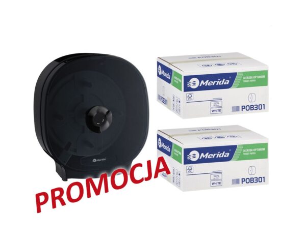 Pojemnik na cztery rolki papieru toaletowego bez gilzy MERIDA ONE czarny za 75 zł netto przy zakupie 2 kartonów papiery toaletowego MERIDA OPTIMUM (36 x 85 m = 3060 m, 12 240 listków) Pojemnik na cztery rolki papieru toaletowego bez gilzy MERIDA ONE czarny za 75 zł netto przy zakupie 2 kartonów papiery toaletowego MERIDA OPTIMUM (36 x 85 m = 3060 m, 12 240 listków)