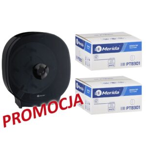 Pojemnik na cztery rolki papieru toaletowego bez gilzy MERIDA ONE czarny za 75 zł netto przy zakupie 2 kartonów papiery toaletowego MERIDA TOP (36 x 85 m = 3060 m, 12 240 listków)
