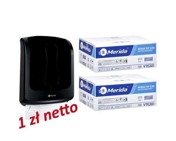 Pojemnik na ręczniki składane MERIDA ONE czarny za 1 zł netto przy zakupie 2 kartonów ręczników składanych MERIDA TOP SLIM VTE201 (2 x 3150 = 6 300 listków) Pojemnik na ręczniki składane MERIDA ONE czarny za 1 zł netto przy zakupie 2 kartonów ręczników składanych MERIDA TOP SLIM VTE201 (2 x 3150 = 6 300 listków)