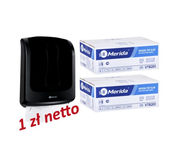 Pojemnik na ręczniki składane MERIDA ONE czarny za 1 zł netto przy zakupie 2 kartonów ręczników składanych MERIDA TOP SLIM VTB201 (2 x 4200 = 8 400 listków) Pojemnik na ręczniki składane MERIDA ONE czarny za 1 zł netto przy zakupie 2 kartonów ręczników składanych MERIDA TOP SLIM VTB201 (2 x 4200 = 8 400 listków)
