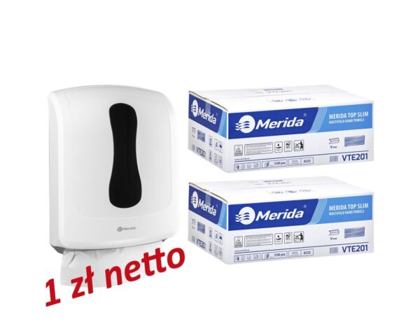 Pojemnik na ręczniki składane MERIDA ONE biały za 1 zł netto przy zakupie 2 kartonów ręczników składanych MERIDA TOP SLIM VTE201 (2 x 3150 = 6 300 listków) Pojemnik na ręczniki składane MERIDA ONE biały za 1 zł netto przy zakupie 2 kartonów ręczników składanych MERIDA TOP SLIM VTE201 (2 x 3150 = 6 300 listków)